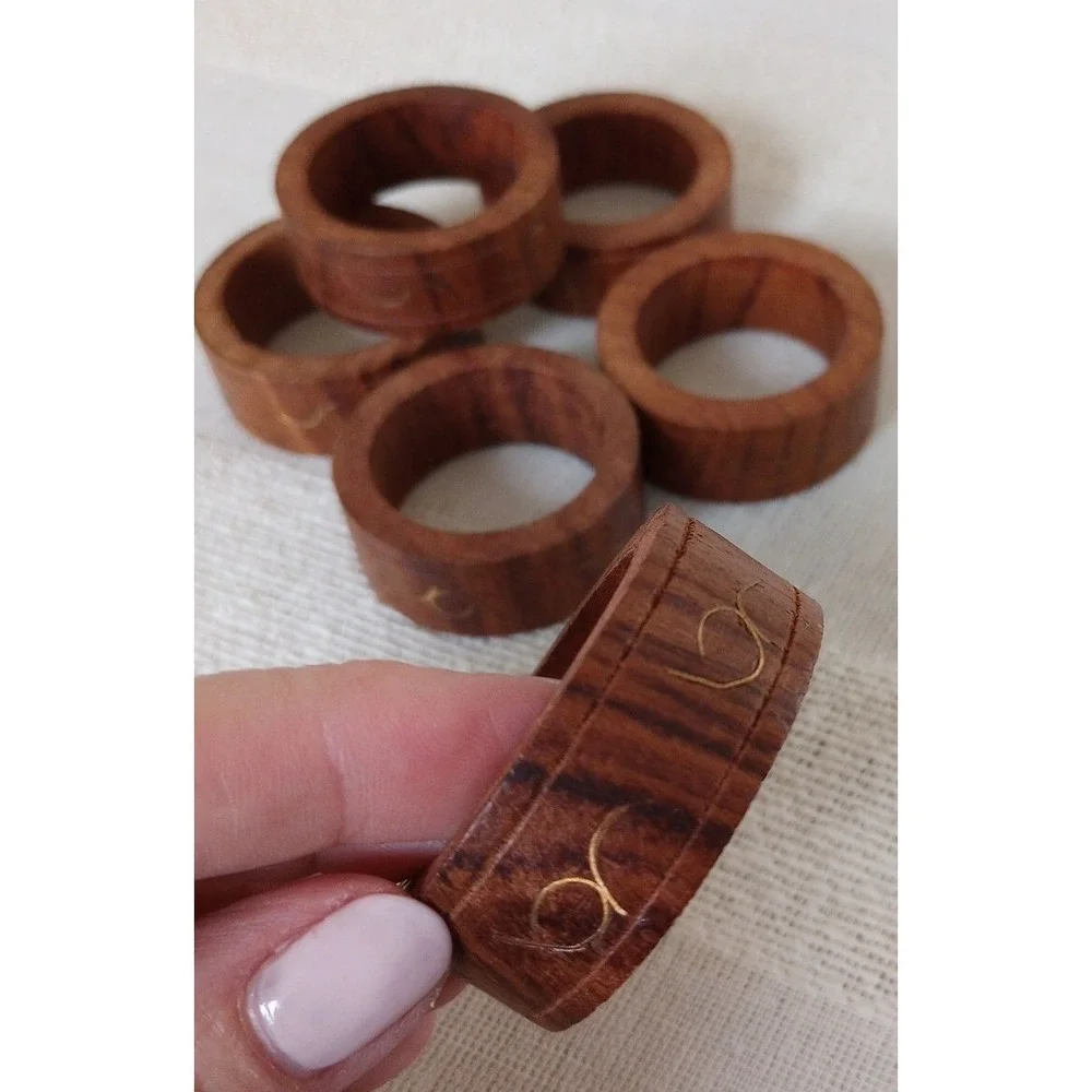 VTG Mid-Century Modern Set of 6 Wood Napkin Rings W/ Brass Inlay Made in India